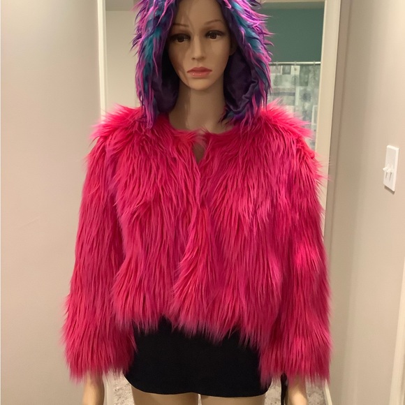 INC Hot Pink Faux Fur Rave Punk Glam Crop Bolero Jacket Size Large - Picture 9 of 15